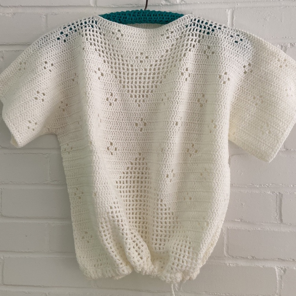 womens white needlework knitted classic short sleeve vintage sweater size s-m